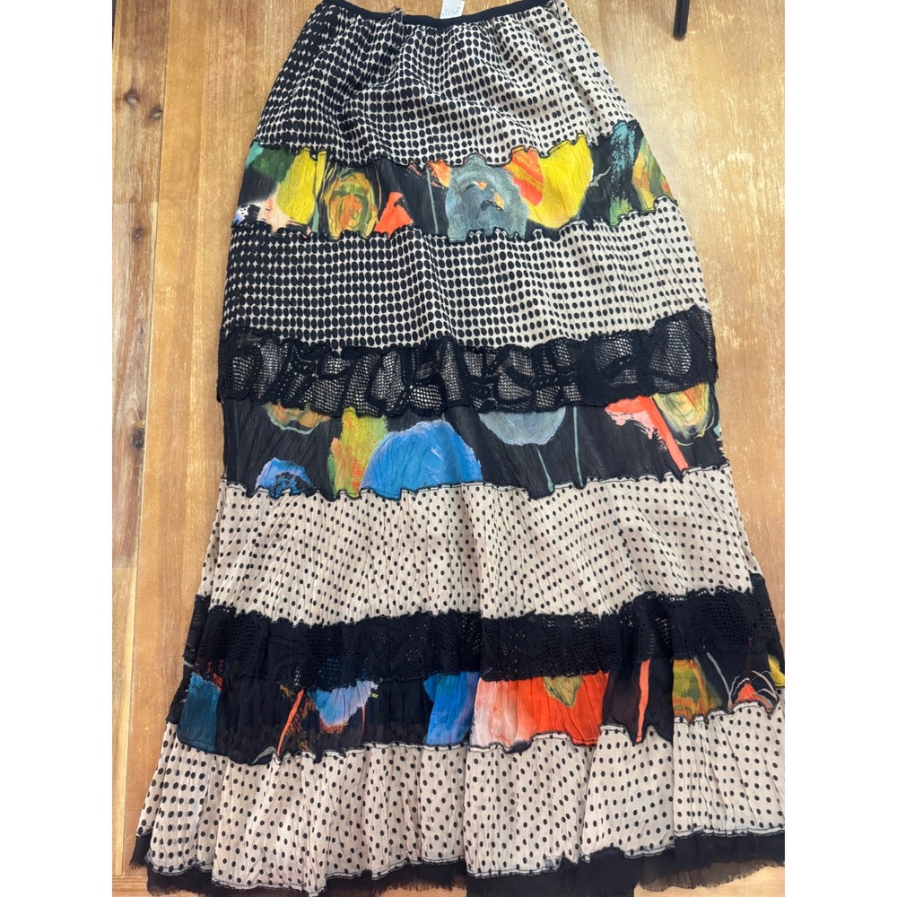 Komarov Polka Dot Floral Tiered Maxi Skirt XL Black Tan Lace Pleated Boho USA